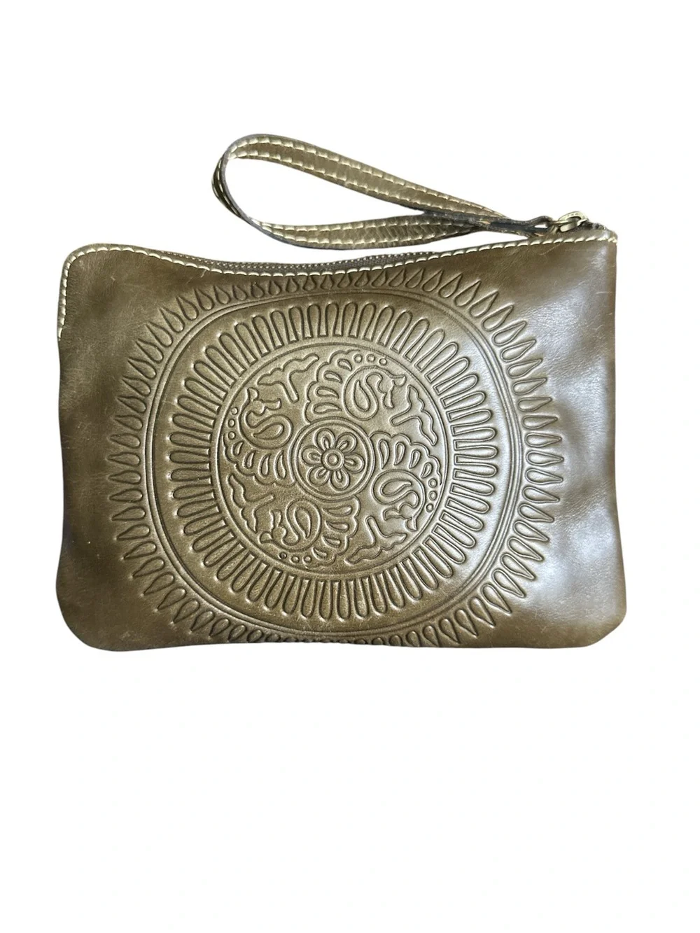 Patricia Nash Cassini Wristlet Leather Clutch in Brown with Embossed Medallion